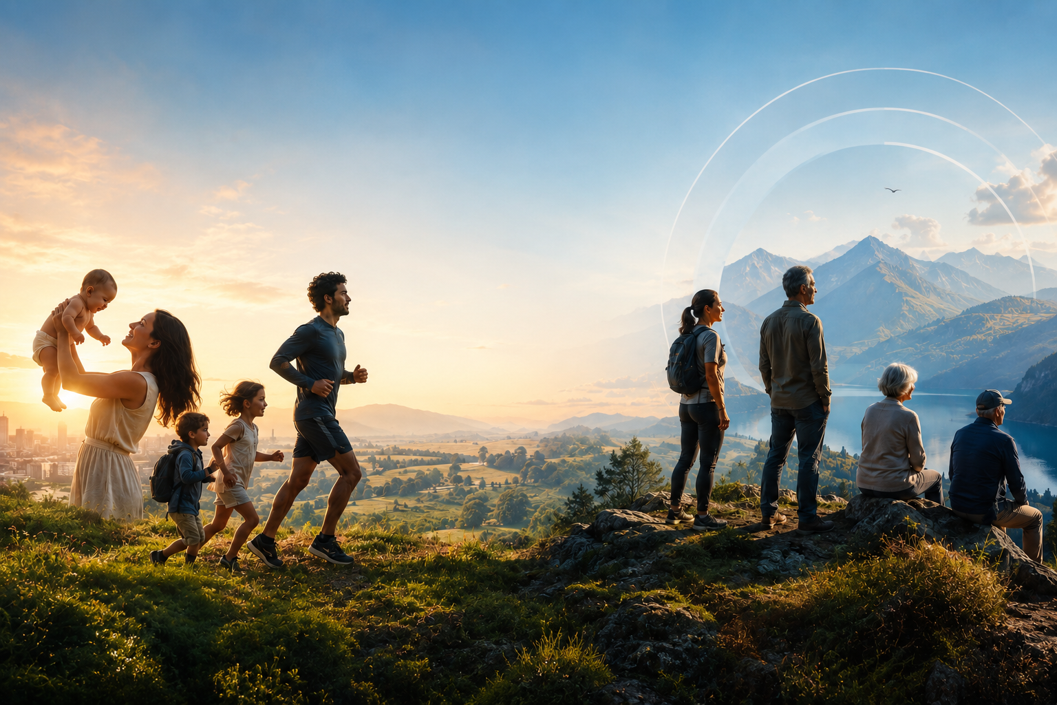 A single human life across a century — from newborn to capable centenarian, outdoors at sunrise